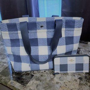 Coach Canvas Buffalo Plaid Tote with wallet set.